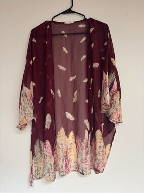 Peach Love California Burgundy Sheer Feather-Print Kimono